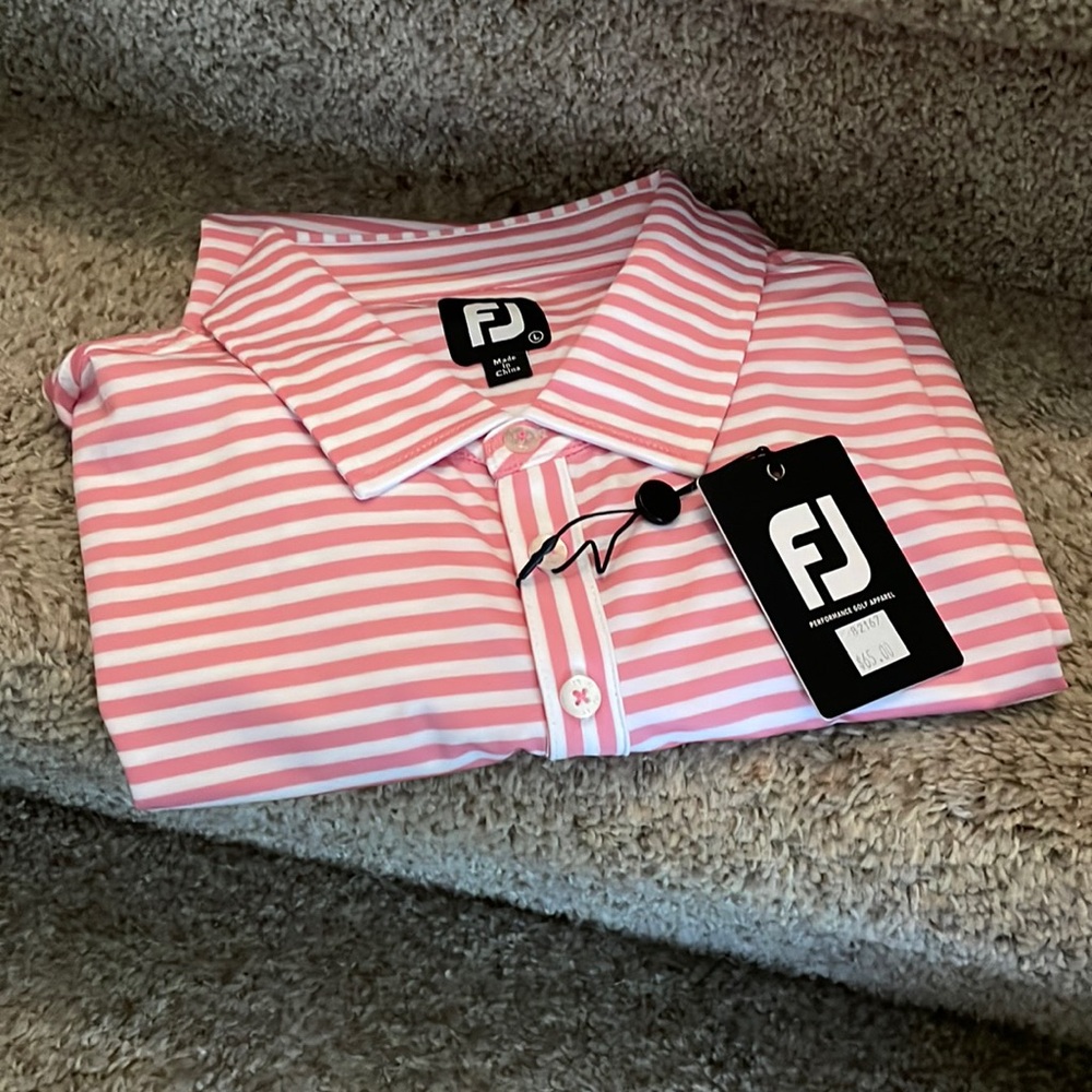 FootJoy Men’s Large performance lisle stripe pink/white golf polo NWT
